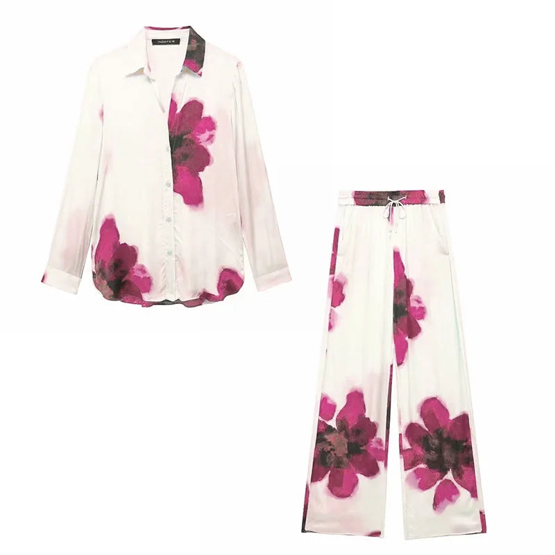 Floral Stain Print Button-Up Blouse + Elastic Waist Wide Leg Pants Women's Casual 2-Piece Sets