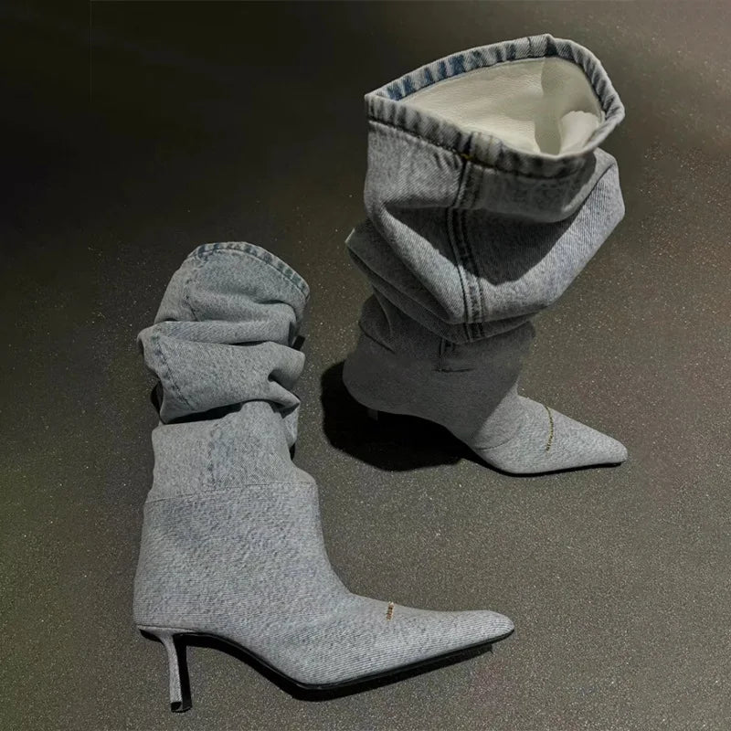 Pleated Faded Blue Denim Thigh High Women's Thick Heel Pointed Toe Cowgirl Slip-On Western Boots