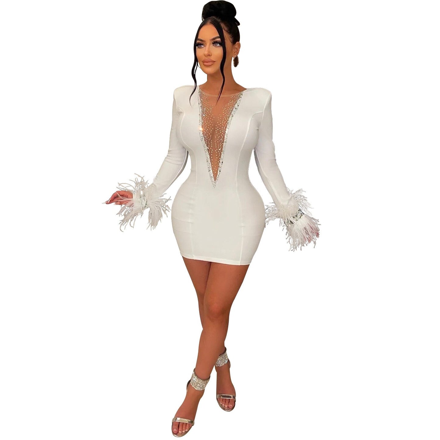 Feather Rhinestone Transparent Mesh Deep V-Neck Bodycon Mini Dress