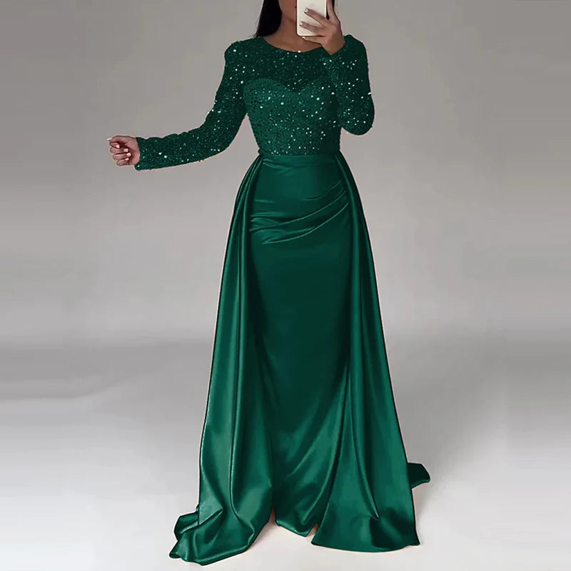 Lace Satin Crystal Sequin Patchwork O-Neck Long Sleeve Draped Pleated Solid Color Long Sleeve Formal Maxi Floor-Length Party Dress