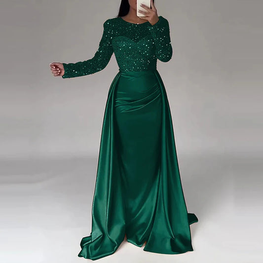 Lace Satin Crystal Sequin Patchwork O-Neck Long Sleeve Draped Pleated Solid Color Long Sleeve Formal Maxi Floor-Length Party Dress