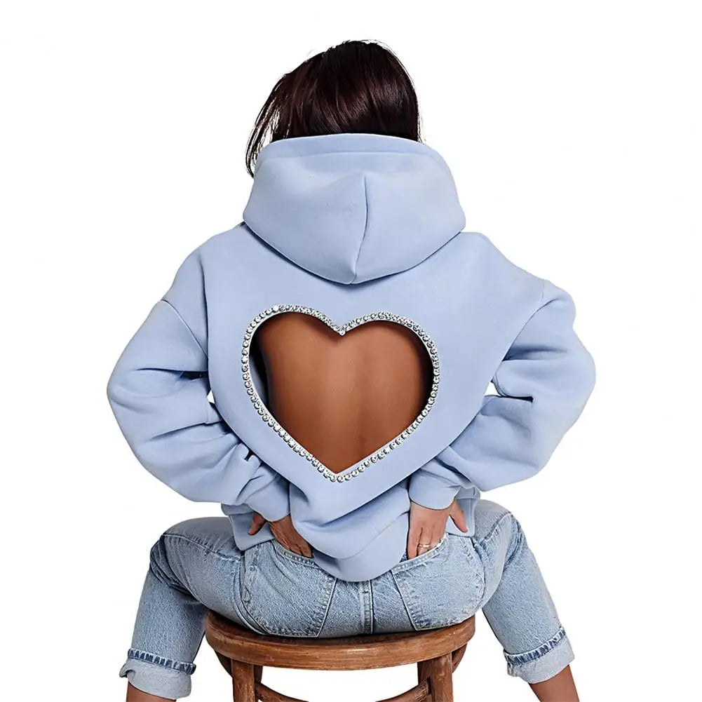 Heart Shape Ladies Backless Hollow-Out Rhinestone Pullover Solid Color Hoodie