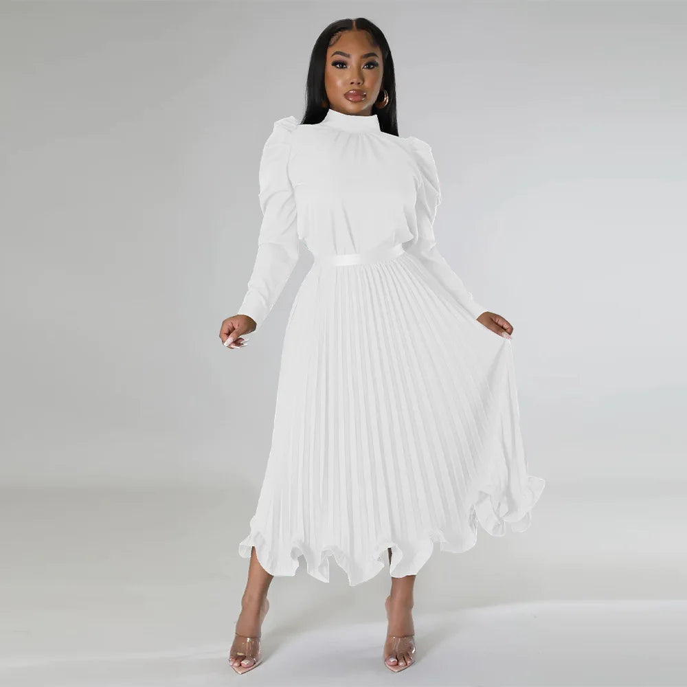 Women’s Solid Color O-Neck Lantern Sleeve Blouse + A-Line Flounce Formal Pleated Maxi Skirt w/ Sash Belt 2-Piece Set