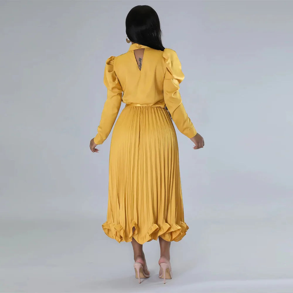 Women’s Solid Color O-Neck Lantern Sleeve Blouse + A-Line Flounce Formal Pleated Maxi Skirt w/ Sash Belt 2-Piece Set