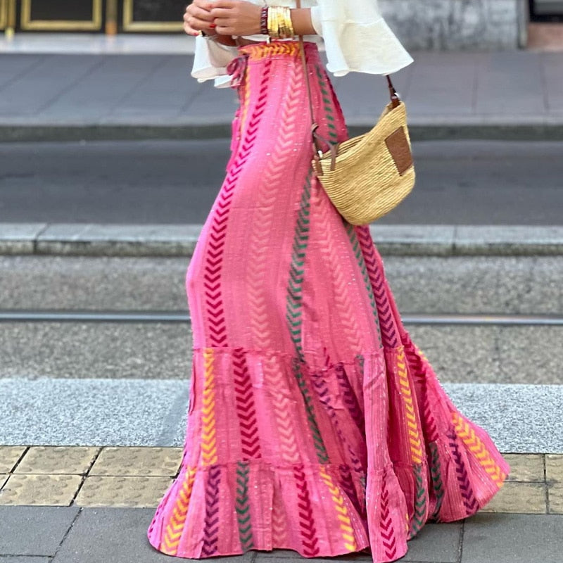 Ruffled Hem Loose Vintage Print Bohemian Maxi Skirts