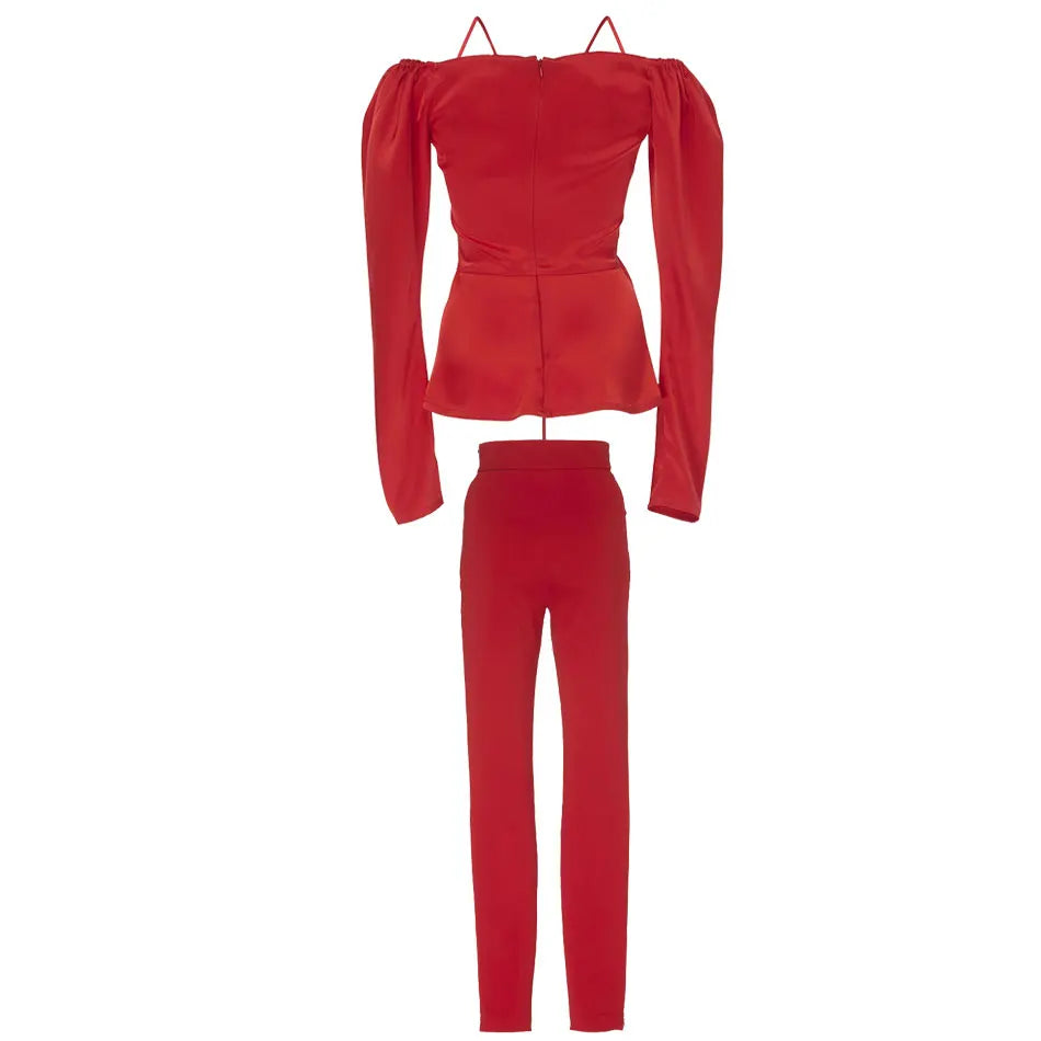 Red Satin Sling Off-the-Shoulder Crop Top + Faux Leather Stitching Pants 2-Piece Set