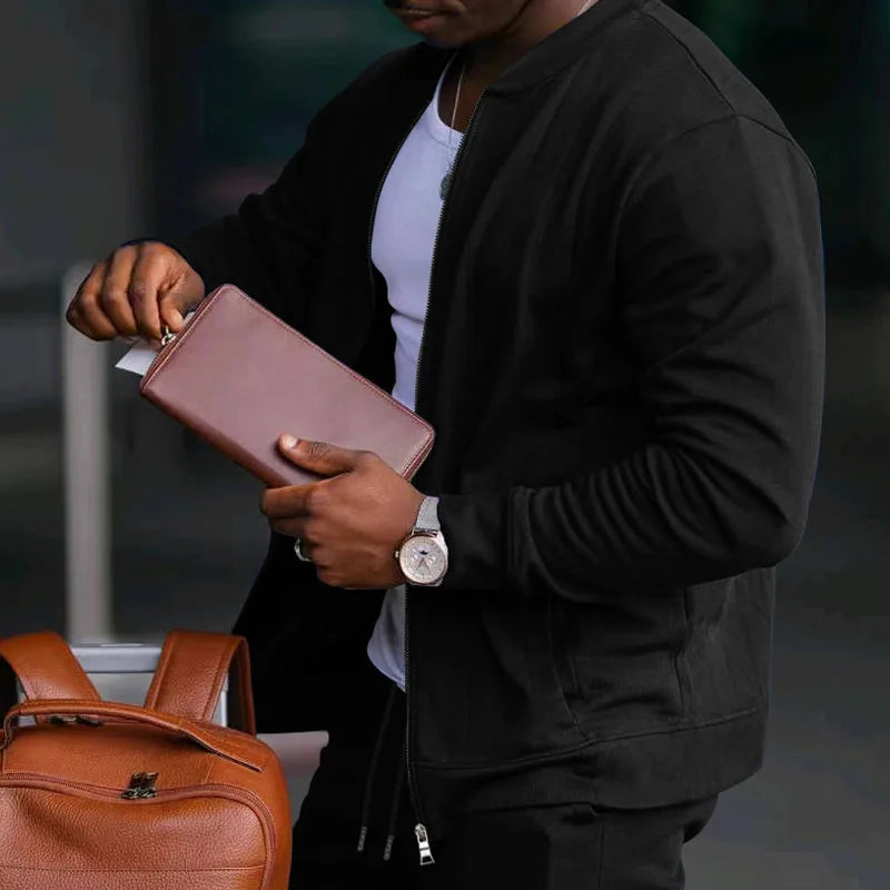 Men's O-Neck Colorblock Bomber Sweat Jacket + Drawstring Jogger Sweatpants Tracksuit