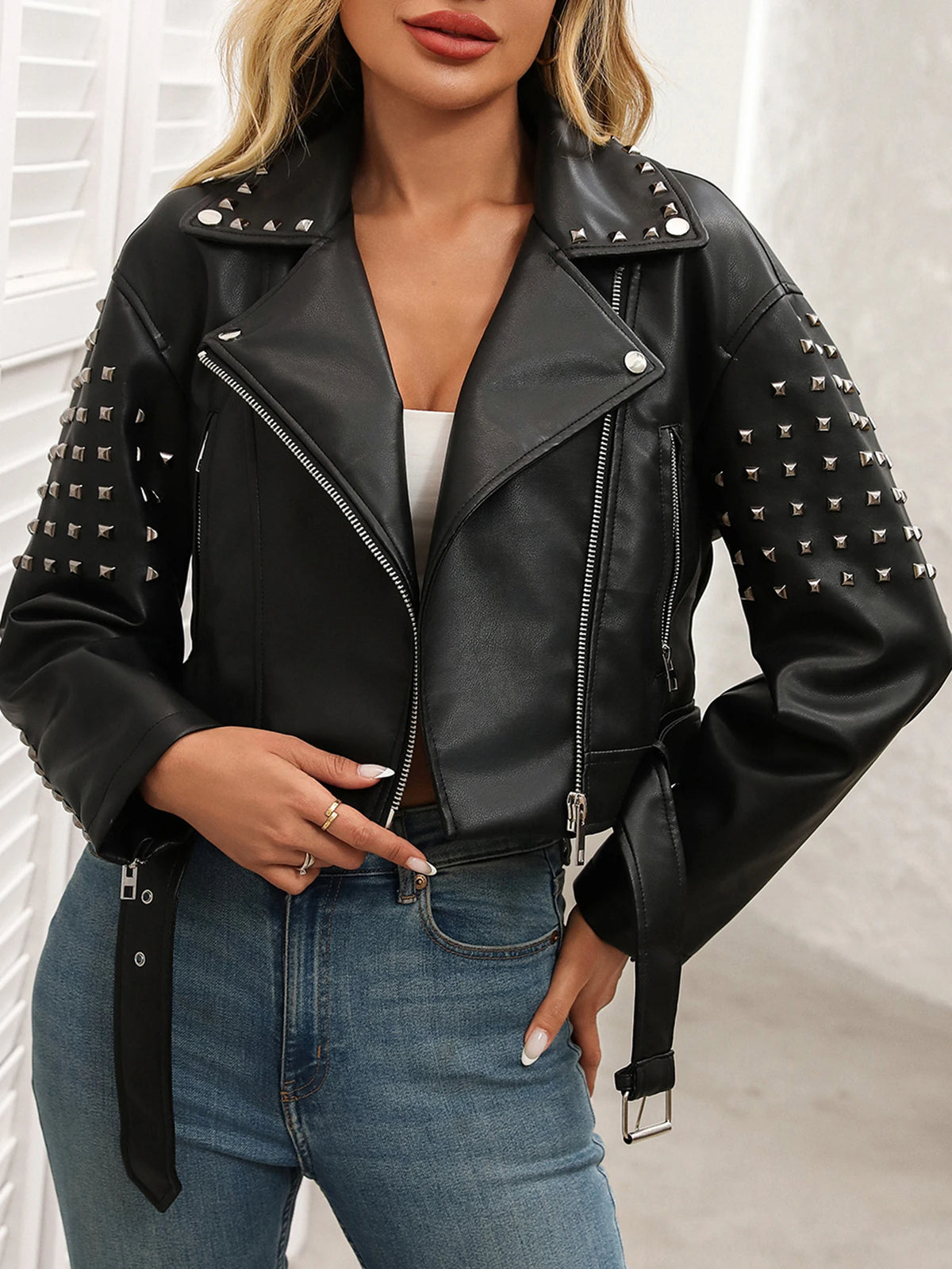 Black PU Leather Rivet Stud Design Women's Belted Biker Jacket