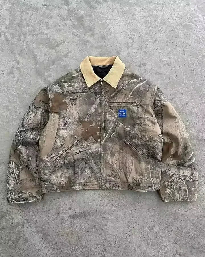 Men's Hip-Hop Leather/Denim Vintage Camo/Sequin Letter # Embroidered/ Oversized Turn-Down Collar Biker Motorcycle Jackets