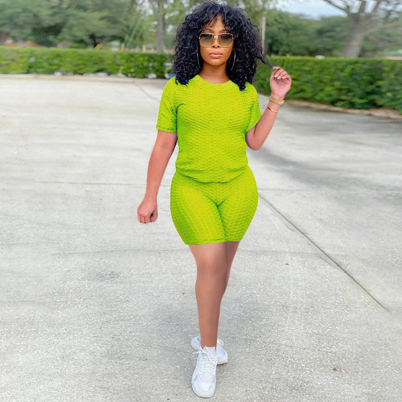 Texturized Sportswear O-Neck Solid Color Short Sleeve Women's T-Shirt + Shorts 2-Piece Fitness Workout Set