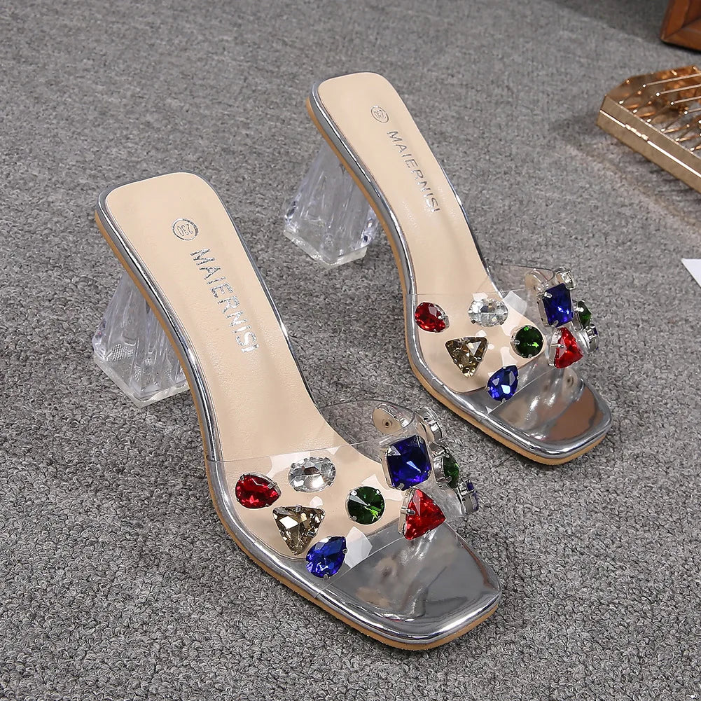 PVC Transparent Clear Crystal Rainbow Rhinestone Embellished Open Toe Low Heel Women's Sandals