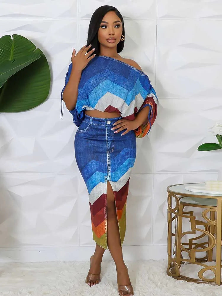 Mock Denim Striped Colorblock Slash Neck Women's Long Sleeve Crop Top + Open High Slit Skirt 2-Piece Set