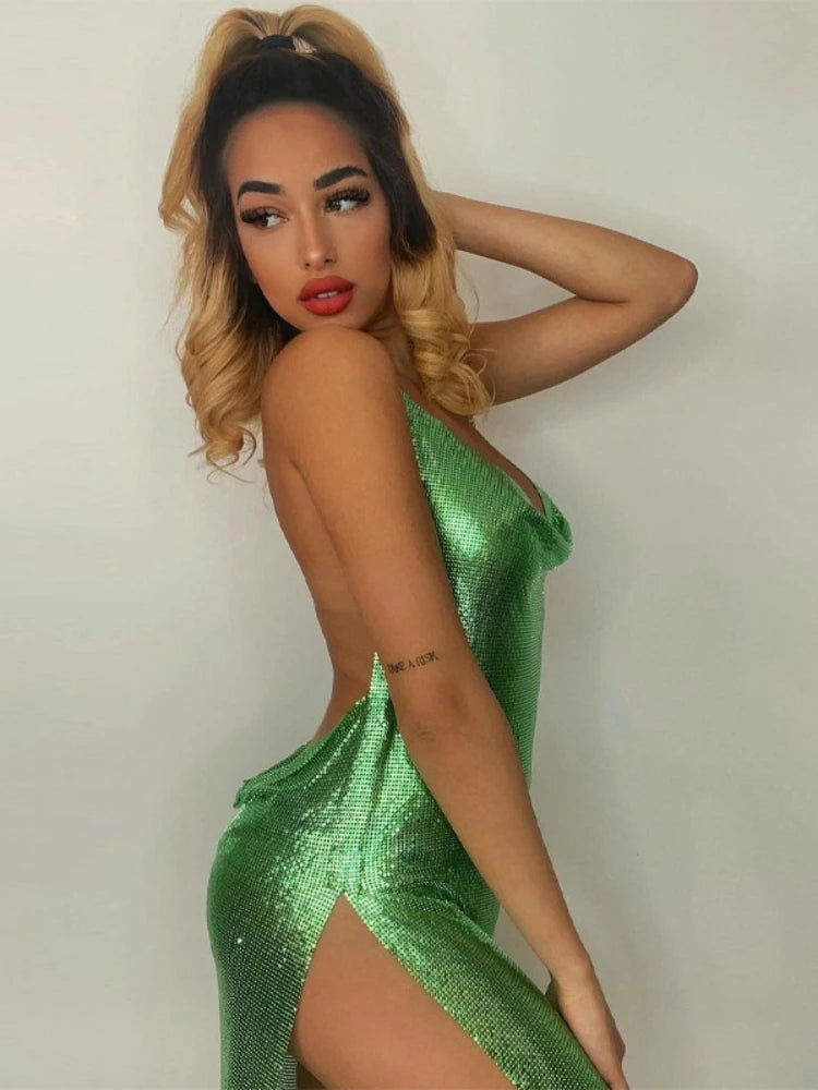 Metallic Backless Sequin Spaghetti Strap Club Party Mini Dress