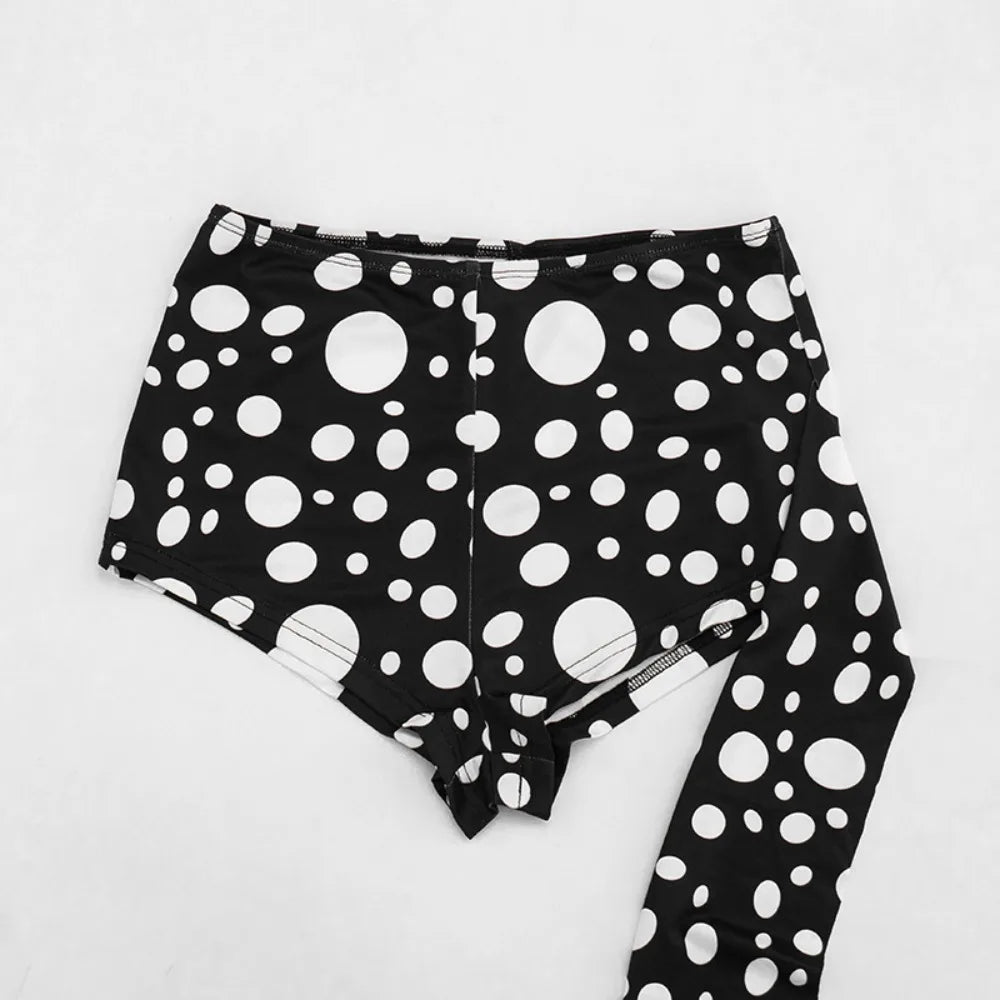 FLARORA Sexy Polka Dot Print 2 Piece Sets Woman Trend Halter V Neck Backless Ruched Tops And Ribbon Shorts Hottie Street Suits