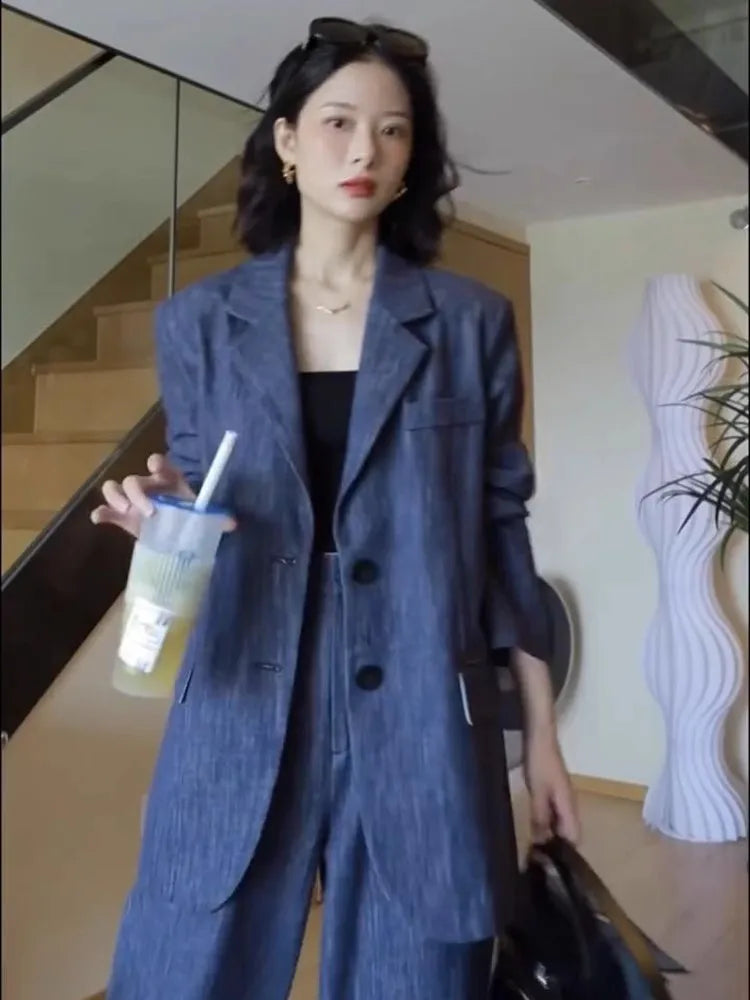 Dark Blue Demin Like Women's Blazer + Loose Pants Suit