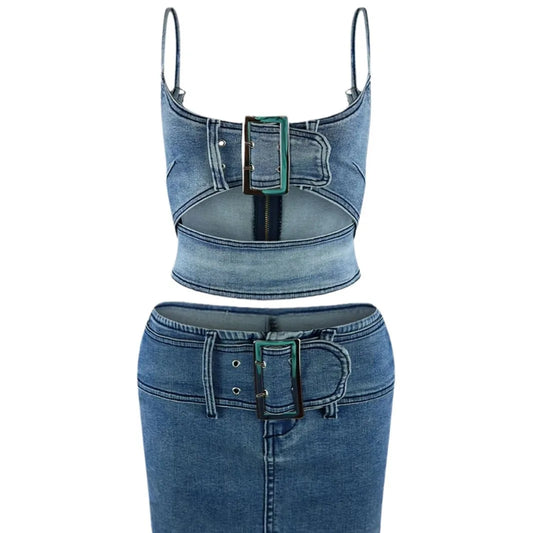 Denim Strapless Belt Buckle Design Crop Top + Matching Mini Skirt 2-Piece Set