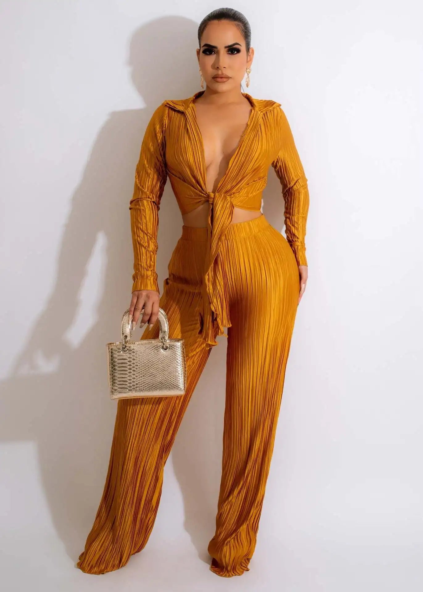 Pleated Solid Color Women's Lace-Up V-Neck Long Sleeve Crop Top + Wide Leg Pants 2-2-Piece Set