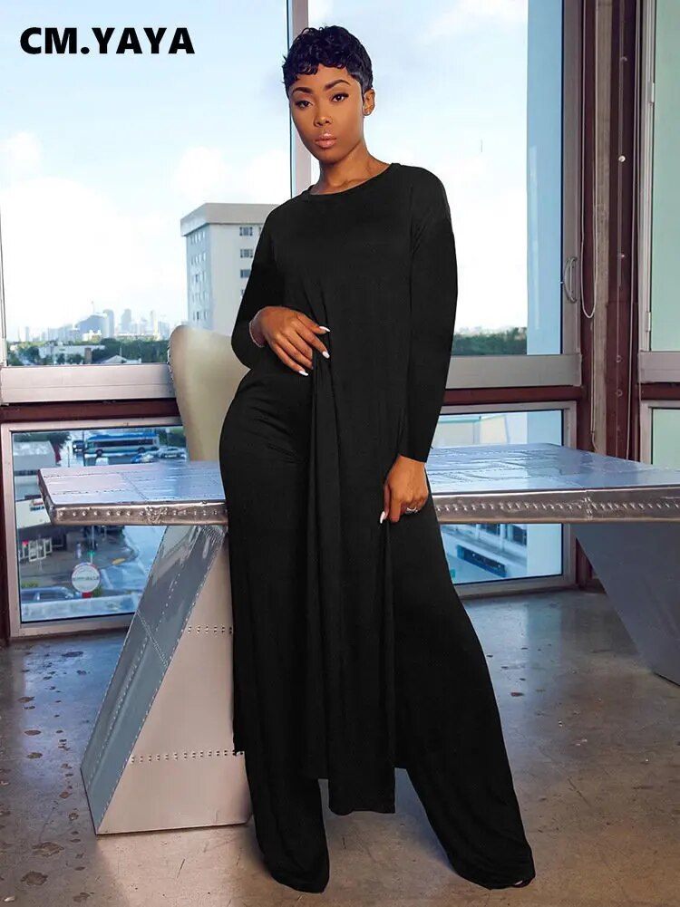 Draped Women's Long Sleeve High Slit Maxi Top + Matching Elastic Waist Pants 2-Piece Set