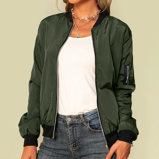 Mandarin Collar Women's Zipper Cargo Pocket Sleeve Design Bomber Jacket