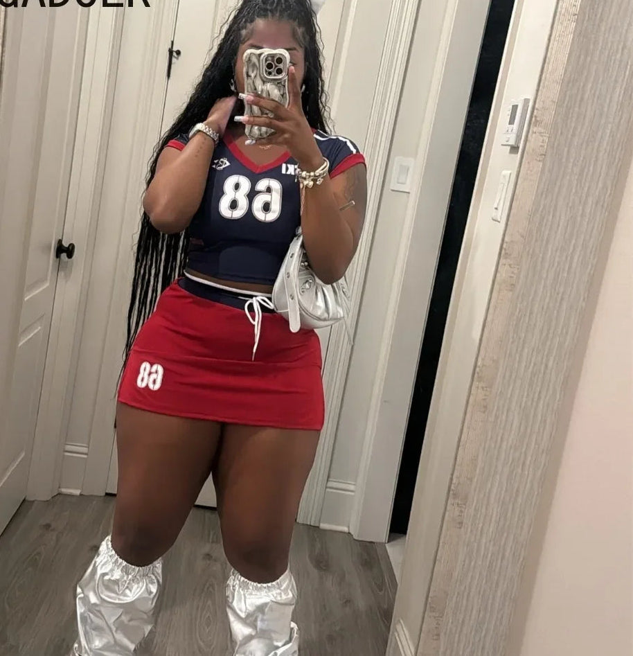 Letter Print V-Neck Crop Top + Drawstring Streetwear Mini Skirt Women's 2-Piece Set