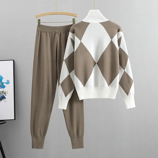 Geometric Argyle Pullover Sweater + Knitted Leggings 2-Piece Set