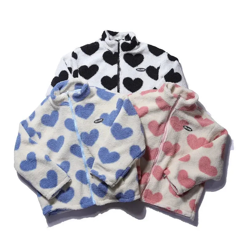 Heart Print Lambs Wool Women's Padded  Stand Collar Reversible Jacket