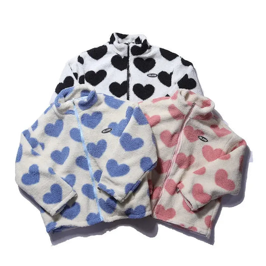 Heart Print Lambs Wool Women's Padded  Stand Collar Reversible Jacket