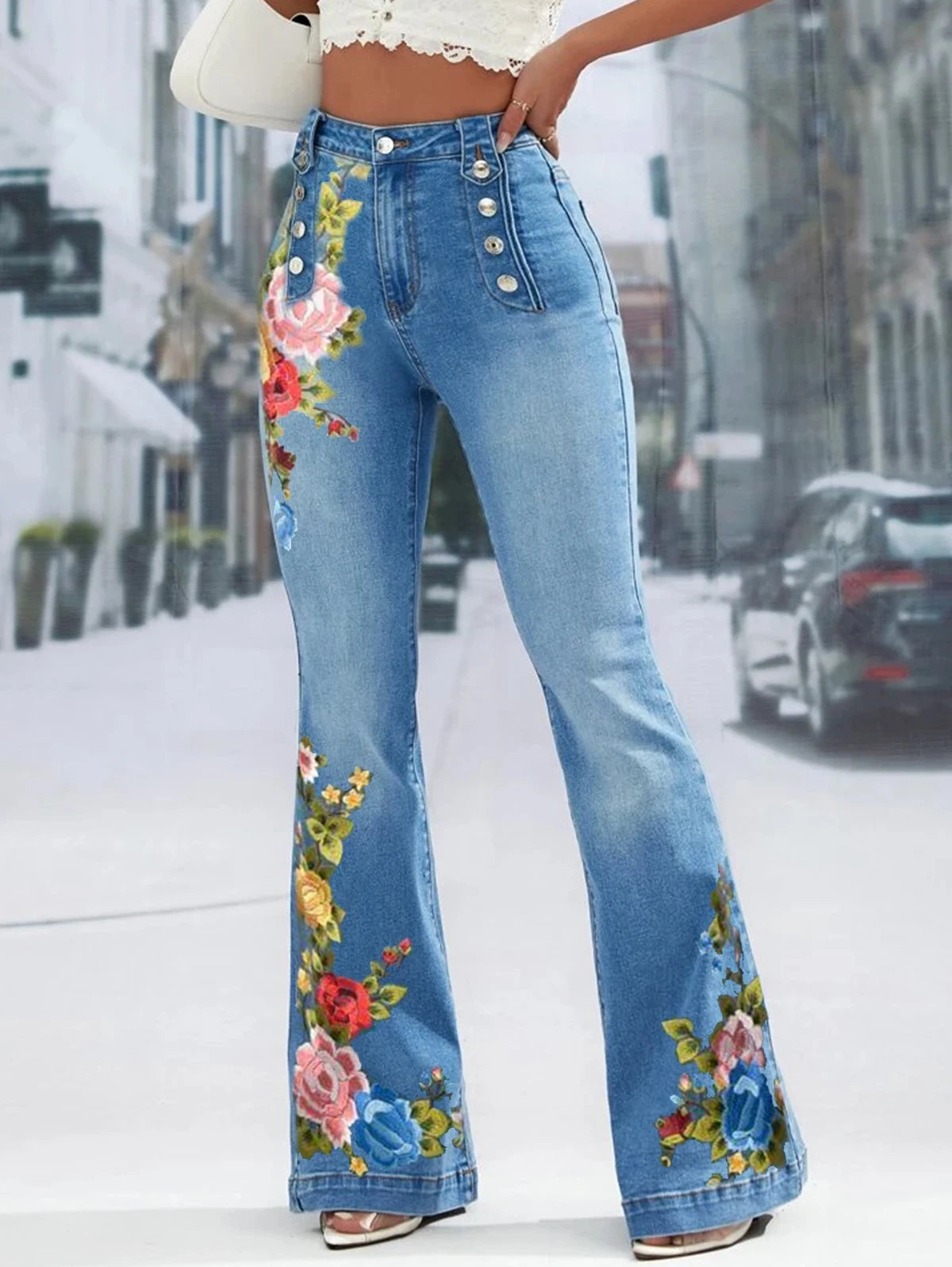 Denim Flower Embroidered Decor Flared Leg Women's High Waist Button Wide Leg Bootcut Jeans to 4X Plus Size