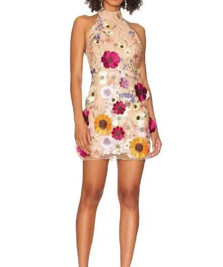 1/2 Turtleneck 3D Flower Print A-Line Long Sleeve Formal Mini Party Dress