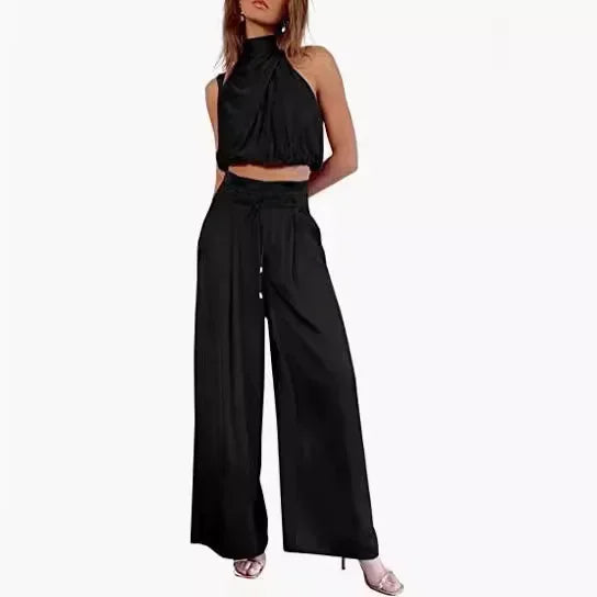 Sleeveless Turtleneck Ruched Crop Top + Bell Bottom Wide Leg Women's Pants 2-Piece Set
