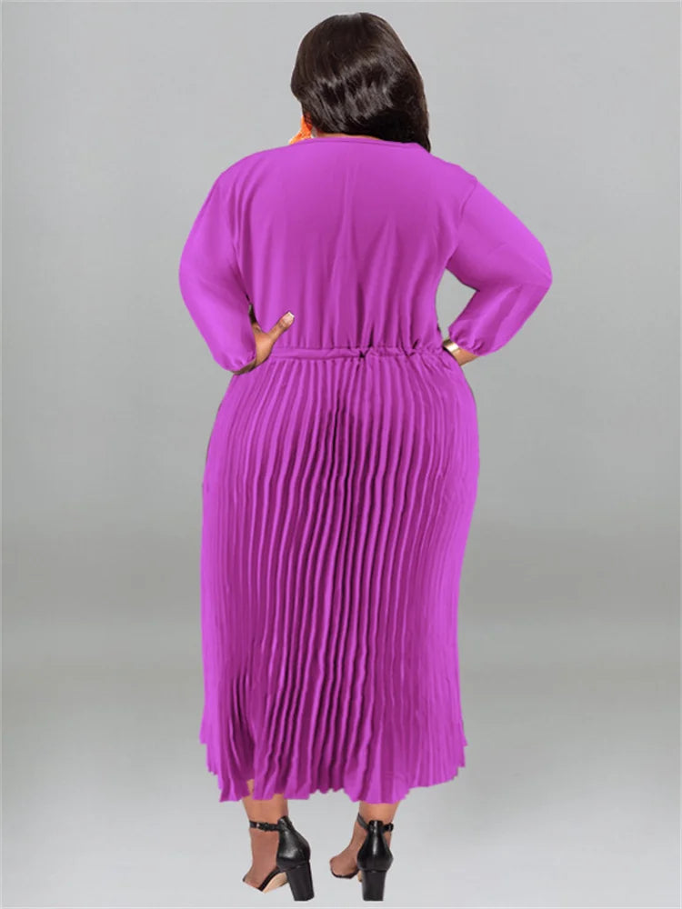 Pleated O-Neck Solid Color High Waist Bandage Long Sleeve Maxi Dress to 5X