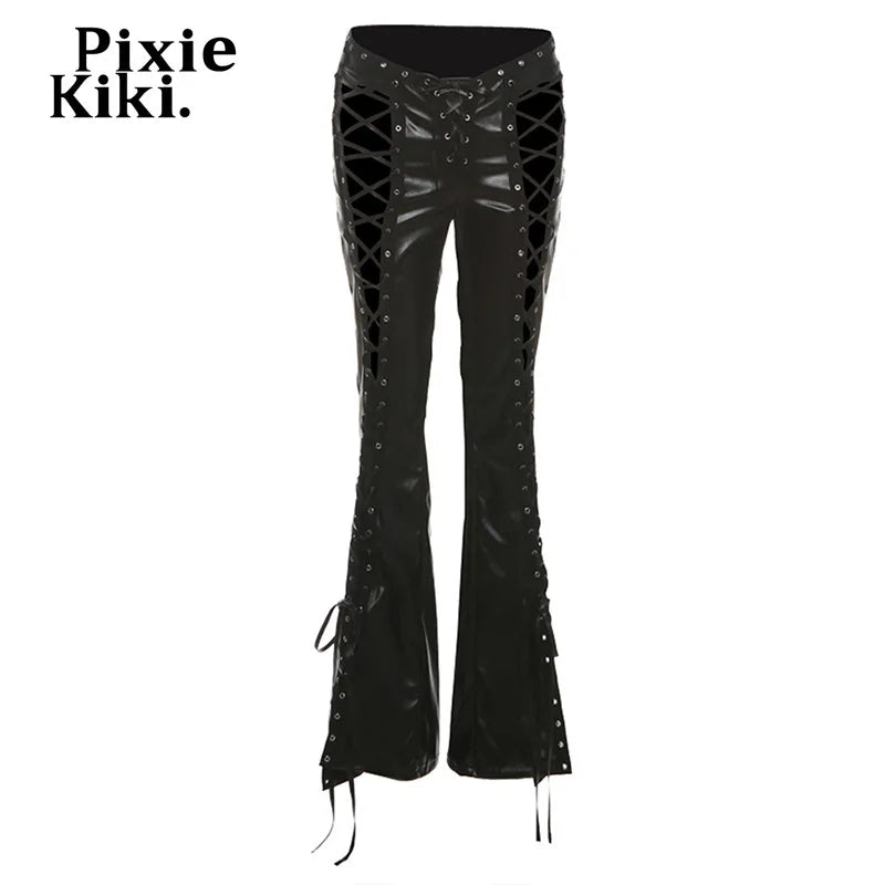 Black Punk PU Leather Hollow-Out Women's Lace-Up Low Rise Flare Pants