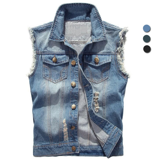 Men's Denim Ripped Hip-Hop Biker Waistcoat Cowboy Sleeveless Motorcycle Vests