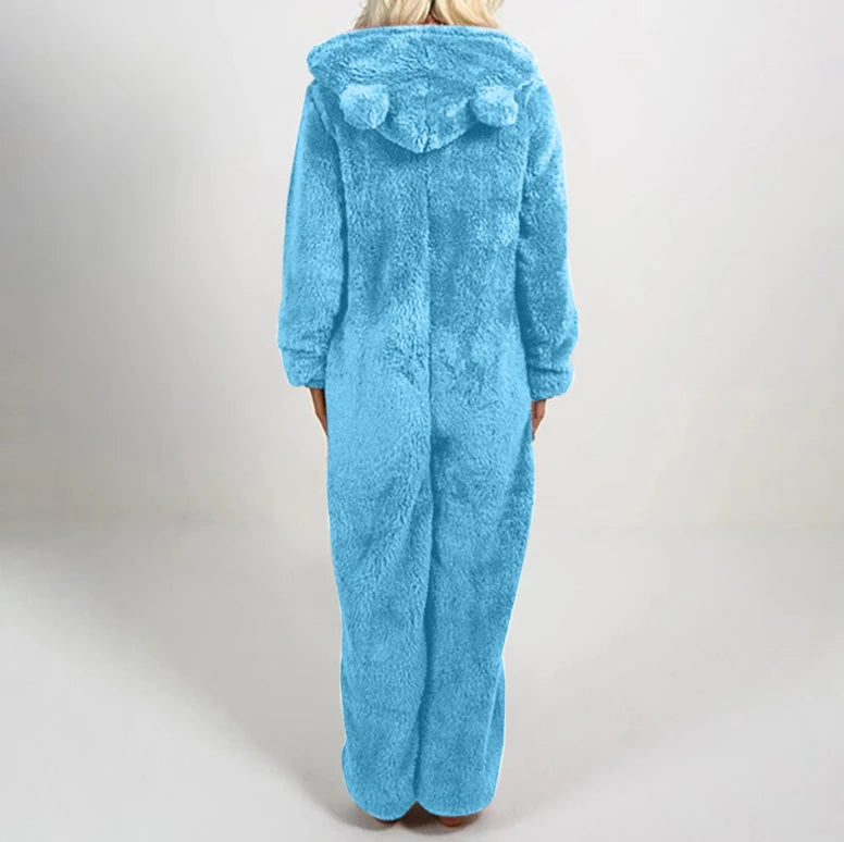 Faux Fur Fleece Women's Onesie Zipper Hoodie Teddy Jumpsuit