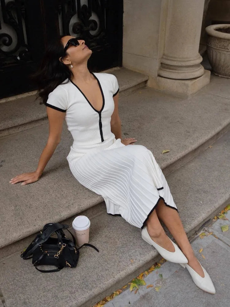 White/Black Striped Ribbed Short Sleeve Button-Up Cardigan Sweater + Knitted Maxi Skirt 2-Piece Set to 3X Plus