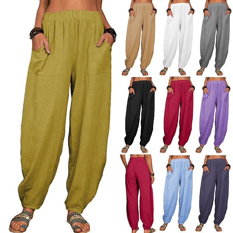 Solid Vintage Ladies Cotton Linen Elastic Waist Wide Leg Harem Pants