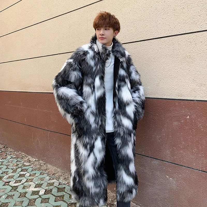 Men's Black/White Colorblock Patchwork Thick Faux Fur Trenchcoat