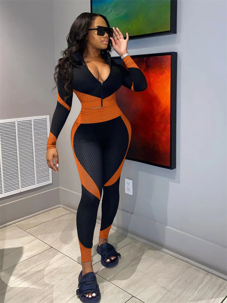Texturized Colorblock O-Neck Long Sleeve Sports Zipper Cropped Jacket + Skinny Leggings Tracksuit