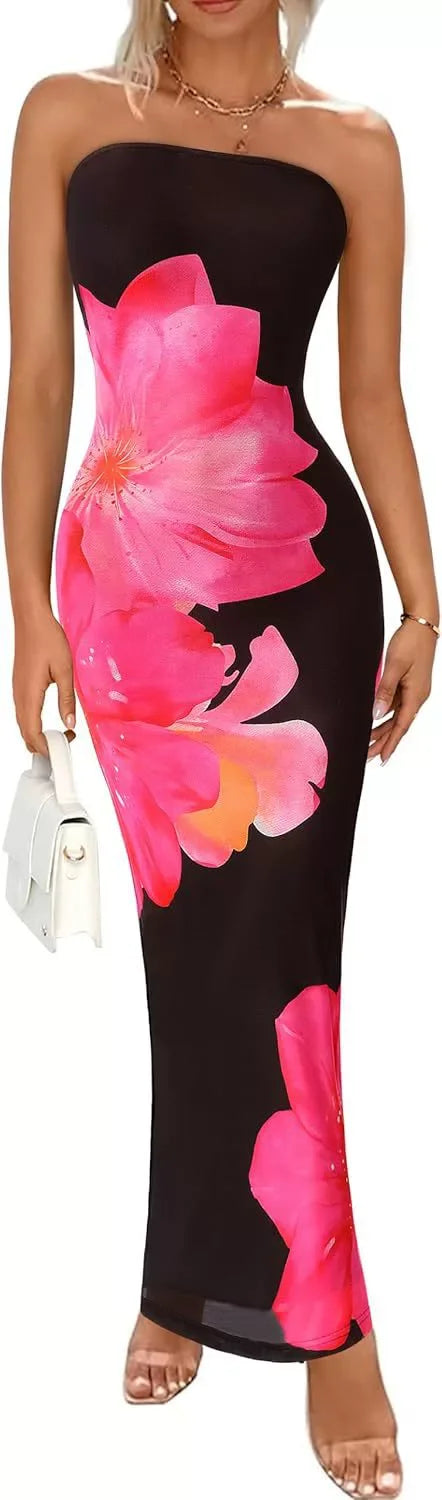 Sleeveless Big Flower Print Bodycon Skinny Maxi Tube Dress
