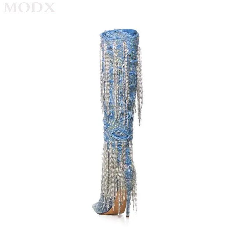 Denim Crystal Metallic Tassel Fringe Rhinestone Embellished Pointed Toe Stiletto Knee-High Western Cowgirl Boots