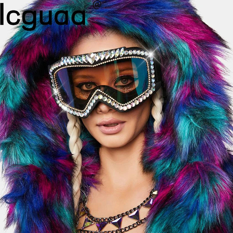 Steampunk Rhinestone Bling Oversized Diamond Ski Unisex Goggle Shield Ski Sunglasses