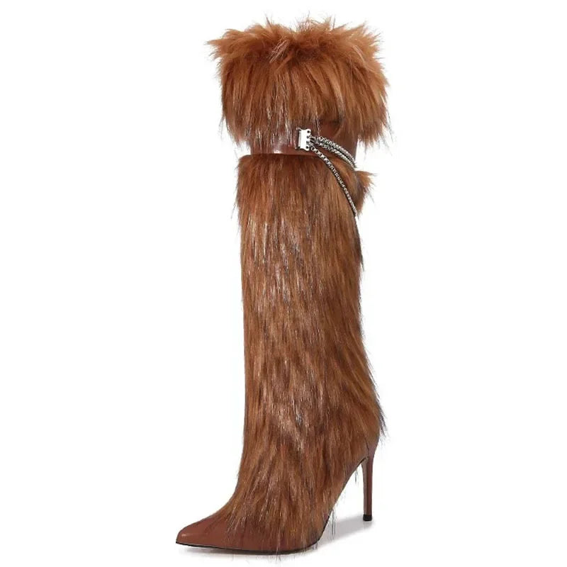 Shaggy Fur Stiletto Heel Pointed Toe Women's Knee-High Boots