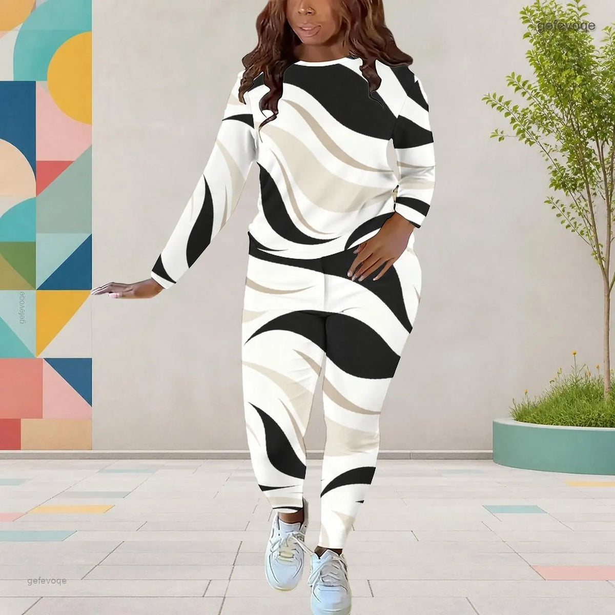 Wavy Swirl  Geometric Striped Abstract Printed O-Neck Long Sleeve Women's Top + Harem Pants 2-Piece Pants Set
