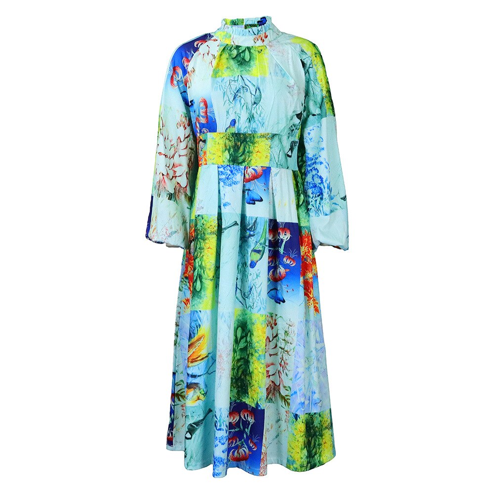 Petal Stand Collar Long Lantern Sleeve African Dress