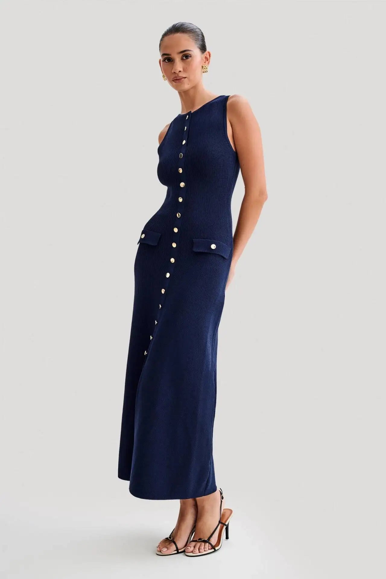 Ribbed Sleeveless Knitted O-Neck Button-Up Sleeveless Single Breasted Double Pocket Design Bodycon Sweater Dress