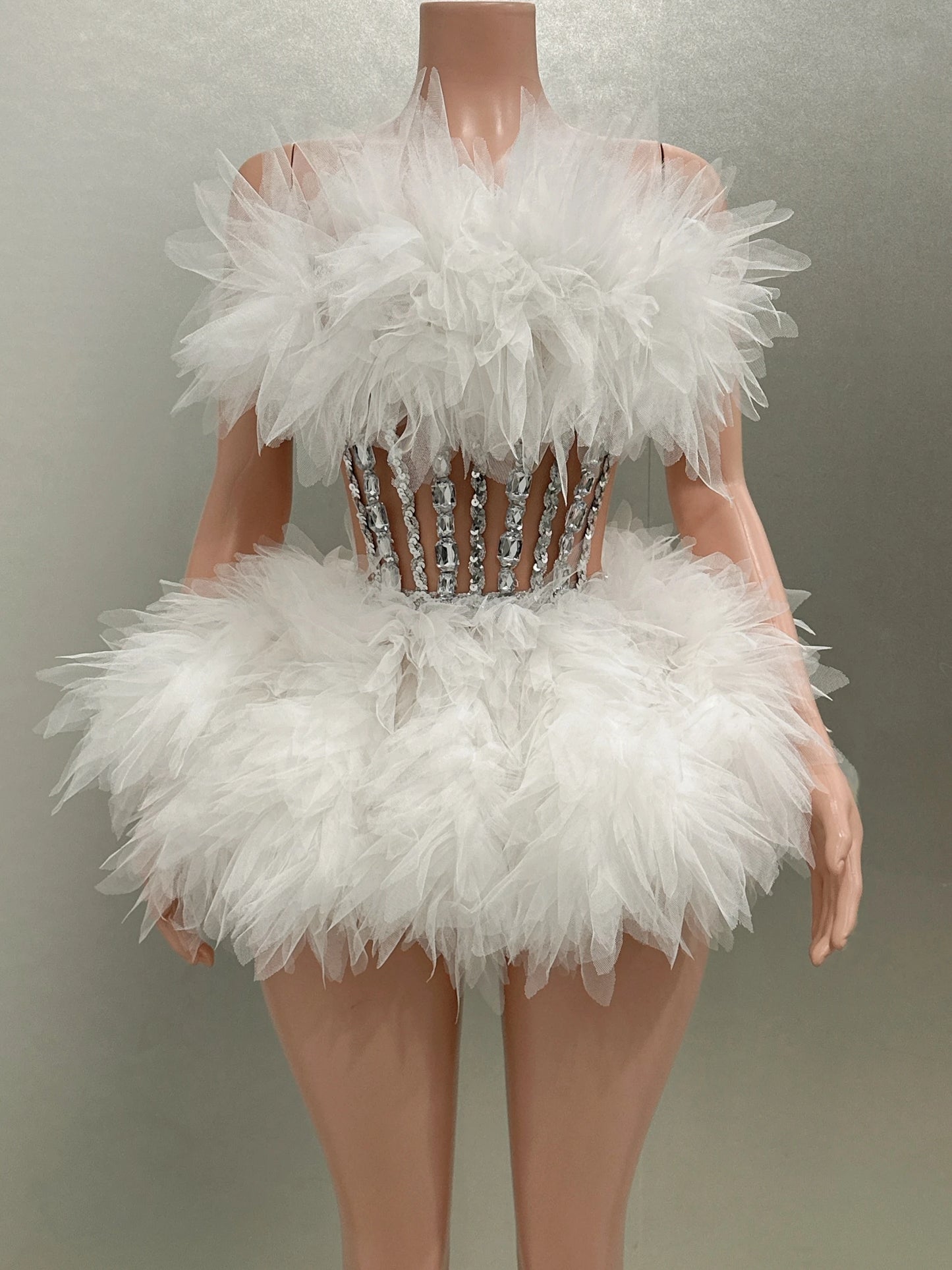 Feather Faux Fur Ruffled Strapless Silver Metallic Corset Mesh Mini Formal Ball Gown/Party/Prom Dress