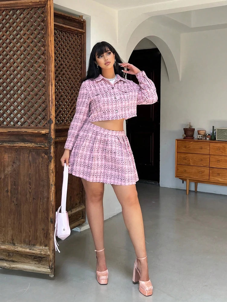 Plus-Size Women's Tweed Two-Piece Set: Cropped Blazer and Mini Skirt—Perfect for Casual Outfits, Dates, and Parties