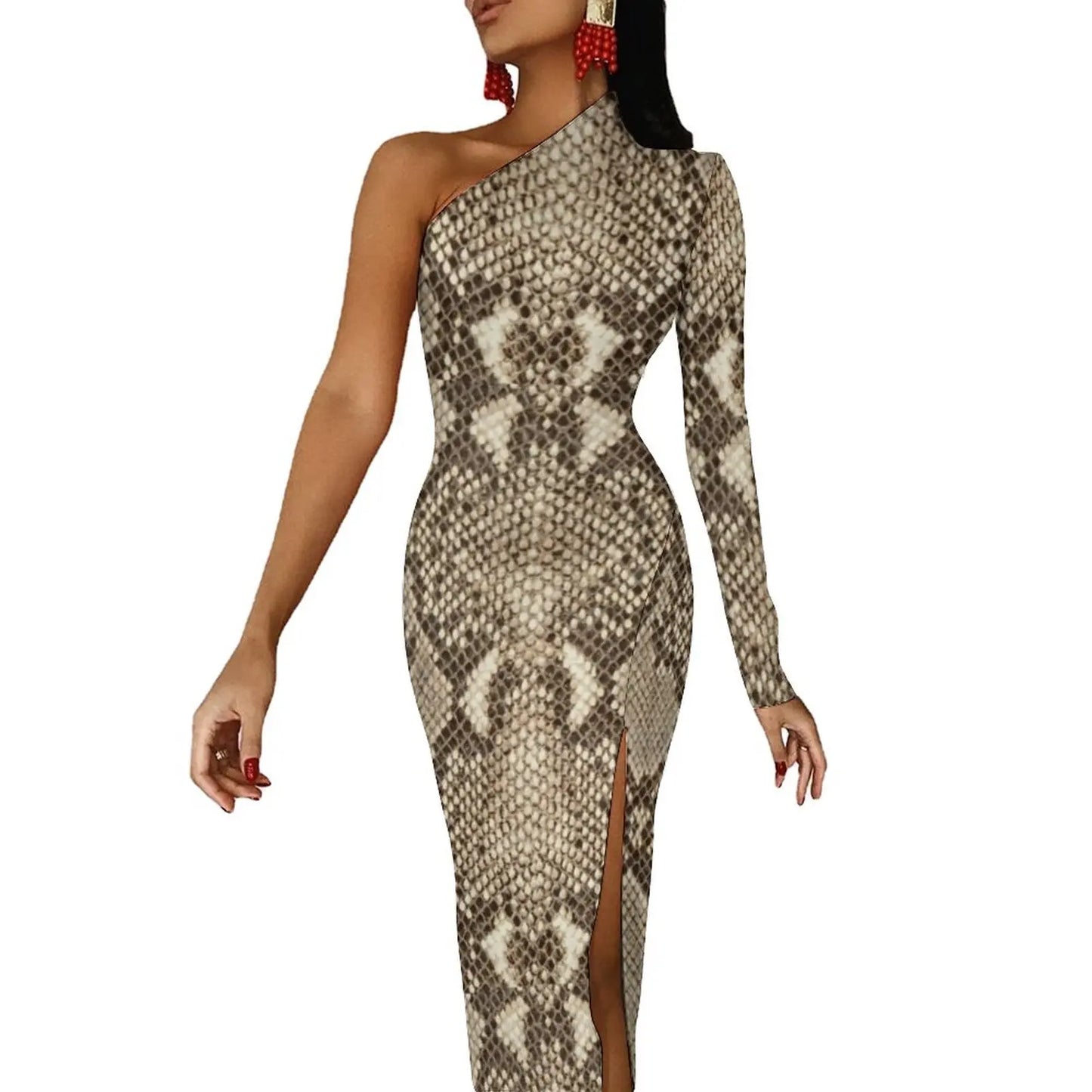 Snake Print/Geometric High Slit One Shoulder Long Sleeve Party Bodycon Maxi Dress