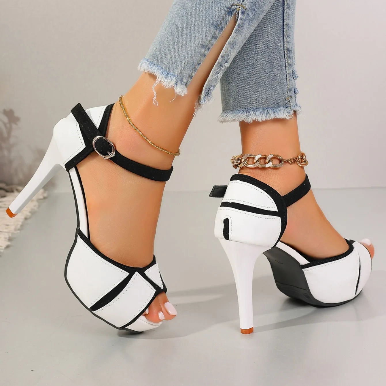 Colorblock Peep Toe Fish Mouth Buckle Strap Platform Stiletto Heel Sandal Pumps