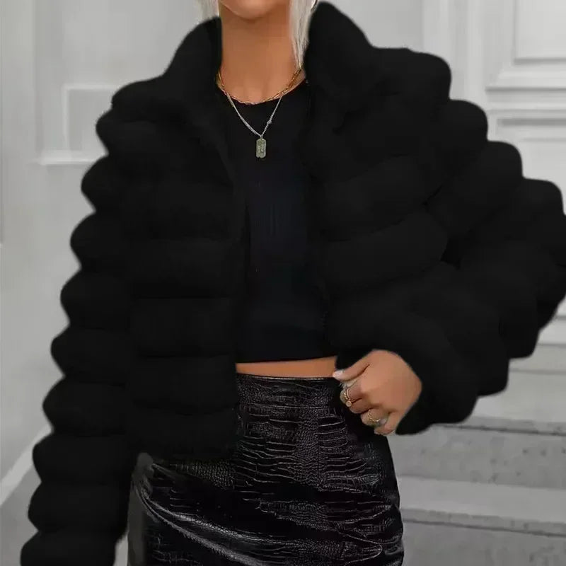 Ribbed Women's Faux Mink Fur Solid Color Turn-Down Collar Long Sleeve Jacket to 3X Plus Size